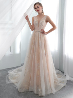Champagne Tulle See Through Backless Print Wedding Dress