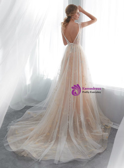 Champagne Tulle See Through Backless Print Wedding Dress
