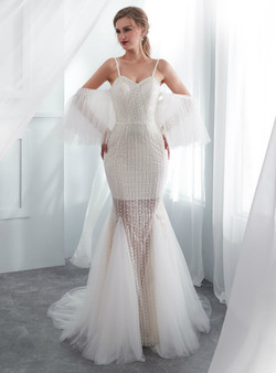 Ivory Tulle Mermaid Spaghetti Straps Wedding Dress With Beading