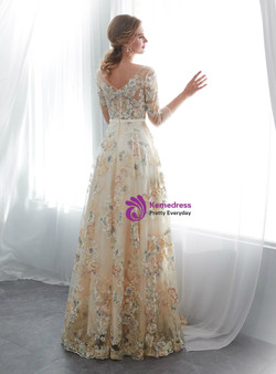 Simple Champagne Tulle 3/4 Sleeve Print Floor Length Wedding Dress