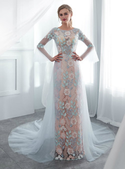 Blue Tulle Lace Mermaid Long Sleeve Appliques Wedding Dress