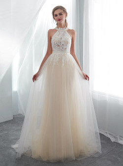 A-Line Champagne Tulle Halter Appliques Floor Length Wedding Dress