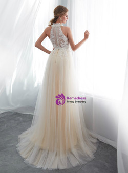 A-Line Champagne Tulle Halter Appliques Floor Length Wedding Dress