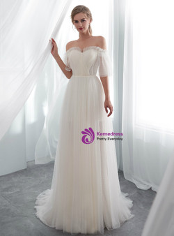 Light Champagne Tulle Off The Shoulder Floor Length Wedding Dress