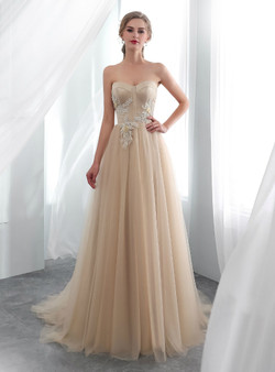 Champagne Tulle Sweetheart Neck Appliques Wedding Dress
