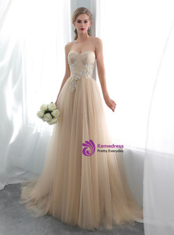 Champagne Tulle Sweetheart Neck Appliques Wedding Dress