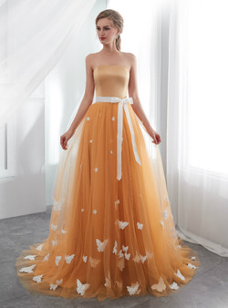 Orange Tulle Strapless Neck Floor Length Wedding Dress With Butterfly