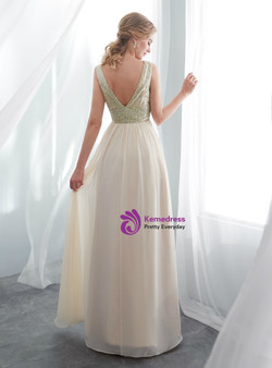 A-Line Champagne Chiffon Sequins V-neck Backless Prom Dress