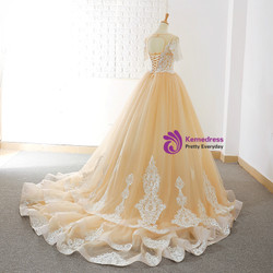 Champagne Tulle Lace Appliques Short Sleeve Backless Wedding Dress