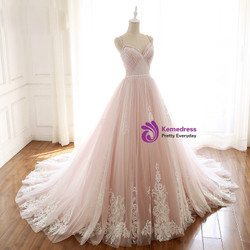 Pink Tulle Spaghetti Straps Backless Weddign Dress With Beading