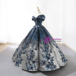 Blue Ball Gown Sequins Off The Shoulder Appliques Floor Length Wedding Dress