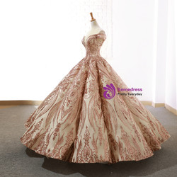 Luxury Gold Sequins Ball Gown Off The Shoulder Wedding Dress