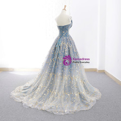 A-Line Blue Tulle Strapless Neck Floor Length Wedding Dress
