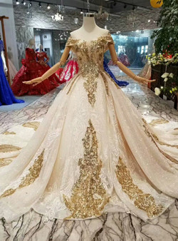 Shop 2019 Long & Short Champagne Ball Gown Tulle Sequins Off The Shoulder Wedding Dress With Factory Price From Kemedress Shop 2019 Long & Short Champagne Ball Gown Tulle Sequins Off The Shoulder Wedding Dress With Factory Price From Kemedress