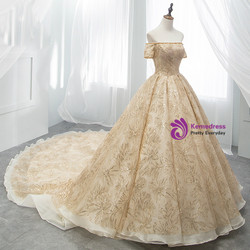 Gold Ball Gown Tulle Sequins Off The Sholuder Short Sleeve Wedding Dress