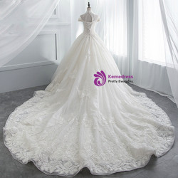 White Ball Gown Tulle Lace High Neck Cap Sleeve Wedding Dress
