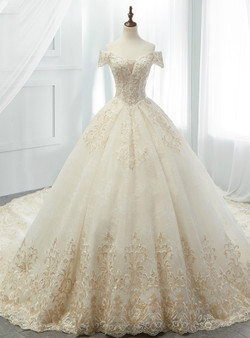Luxury Champagne Ball Gown Tulle Appliques Off The Shoulder Wedding Dress