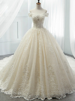 Champagne Ball Gown Tulle Lace Appliques Off The Shoulder Wedding Dress