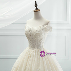 Champagne Ball Gown Tulle Lace Appliques Off The Shoulder Wedding Dress