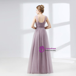 Purple Tulle Straps Backless Pleats Floor Length Prom Dress