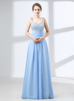 A-Line Blue Chiffon Spaghetti Straps Backless With Beading Prom Dress