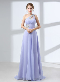 Purple Chiffon One Shoulder Backless With Crystal Prom Dress