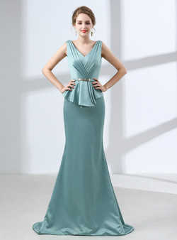 Blue Mermaid Satin V-neck Backless Prom Dress With Sash