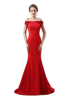 Red Mermaid Satin Off The Shoulder Appliques Prom Dress