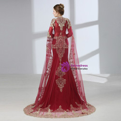 Burgundy Satin Removable Shawl Long Sleeve Appliques Prom Dress