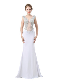 White Mermaid Chiffon V-neck Backless Prom Dress With Crystal