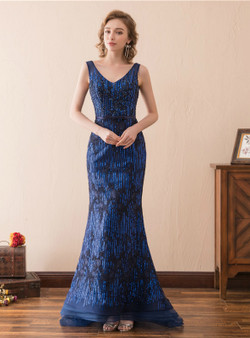 Blue Mermaid V-neck Backless Sequins Apppliques Prom Dress Blue Mermaid V-neck Backless Sequins Apppliques Prom Dress