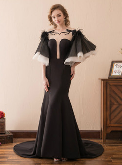 Black Satin Mermaid Backless Puff Sleeve Prom Dress With Feather