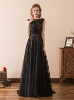 A-Line Black Lace Tulle Cap Sleeve Floor Length Prom Dress
