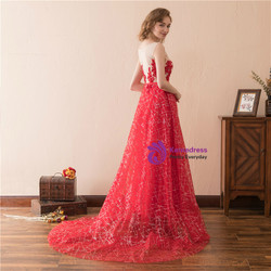 A-Line Red Tulle Sequins Appliques Floor Length Prom Dress
