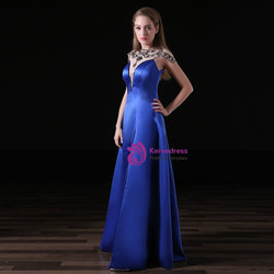 Blue Satin See Neck Cap Sleeve With Beading Prom Dress