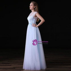 A-line Light Blue Tulle Lace Appliques Floor Length Prom Dress