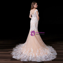 Champagne Tulle Lace Appliques Mermaid Cap Sleeve Backless Wedding Dress
