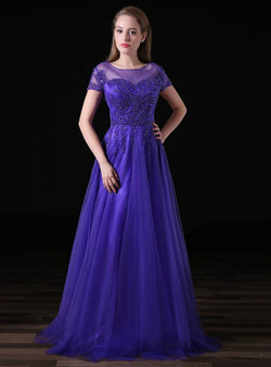 A-Line Purple Tulle Cap Sleeve Prom Dress With Beading