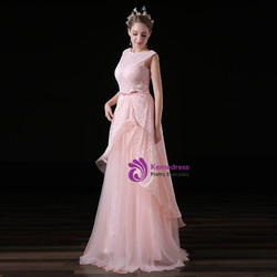 A-Line Pink Lace Tulle Backless Long Prom Dress With Bow