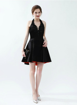 Black Satin Halter Backless Appliques Short Homecoming Dress