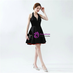 Black Satin Halter Backless Appliques Short Homecoming Dress