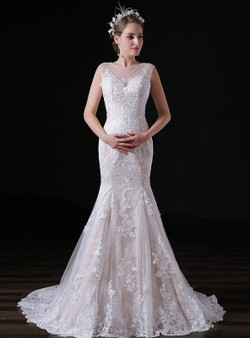 Sexy Champagne Lace Tulle Mermaid Long Wedding Dress