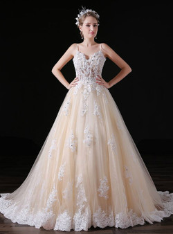 Champagne Tulle Appliques Spaghetti Straps Weddign Dress
