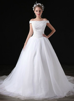 White Ball Gown Tulle Off The Shoulder Wedding Dress With Beading White Ball Gown Tulle Off The Shoulder Wedding Dress With Beading