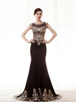 Sexy Black Mermaid Satin Embroidery Cap Sleeve Long Prom Dress