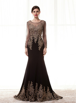 Black Mermaid Satin Appliques Long Sleeve Prom Dress Black Mermaid Satin Appliques Long Sleeve Prom Dress