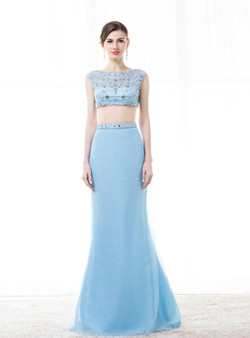 A-Line Blue Chiffon Two Piece Long Prom Dress With Beading