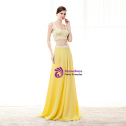 Yellow Straps Chiffon Two Piece Appliques Long Prom Dress Yellow Straps Chiffon Two Piece Appliques Long Prom Dress