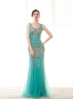 Sexy Green Mermaid Tulle Long Prom Dress With Crystal