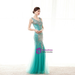 Sexy Green Mermaid Tulle Long Prom Dress With Crystal